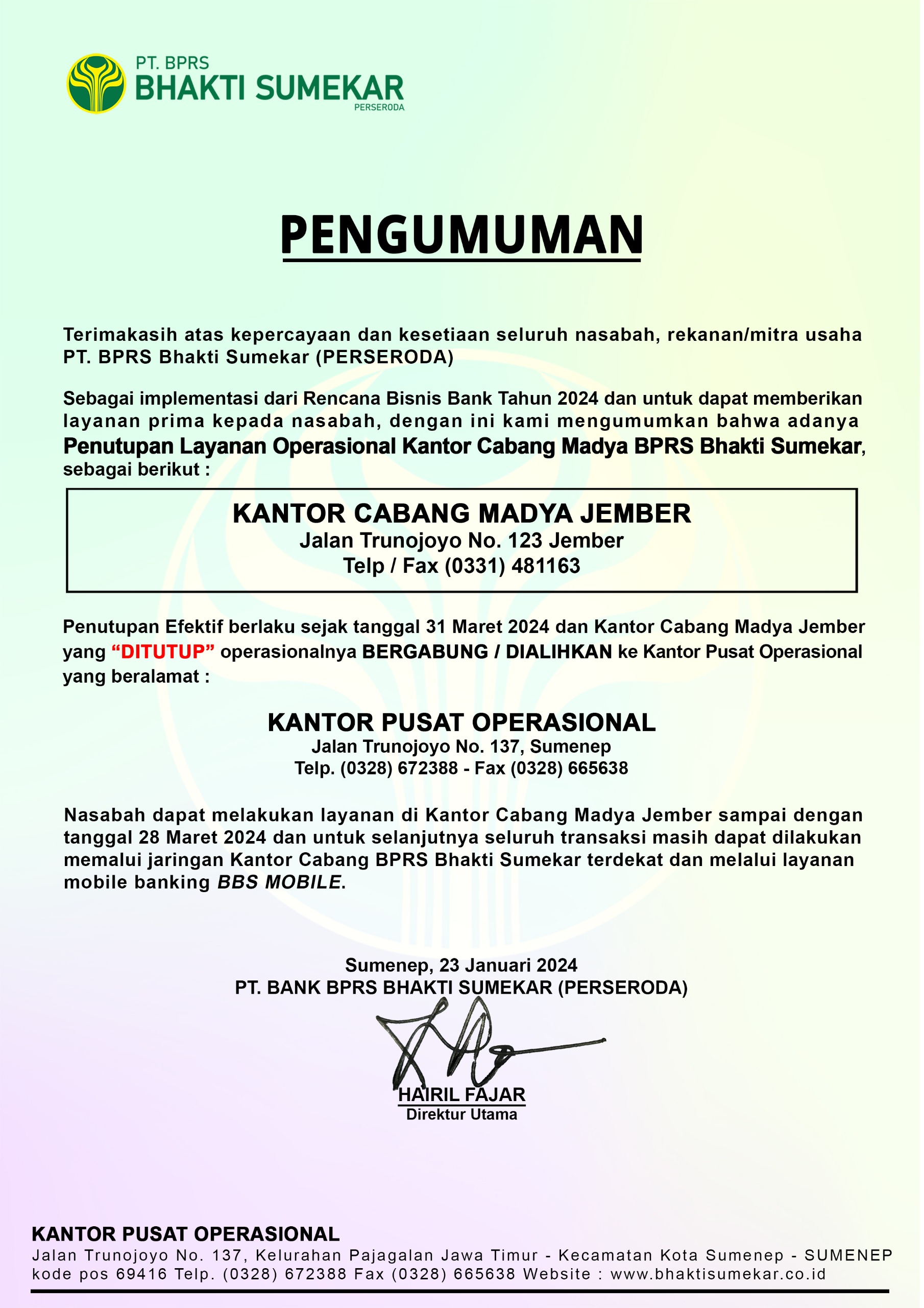 PENUTUPAN LAYANAN OPERASIONAL KANTOR CABANG MADYA JEMBER
